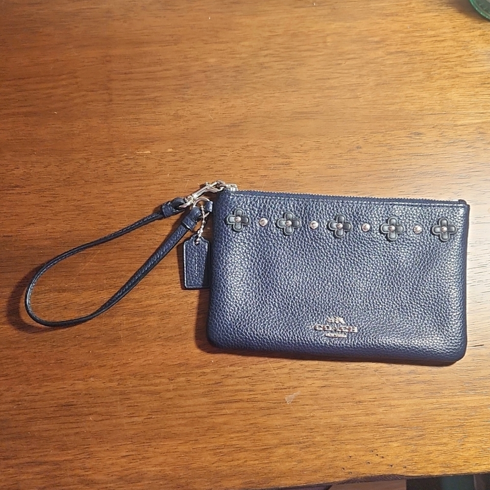 NEW...Navy Coach Wristlet with Floral Studs